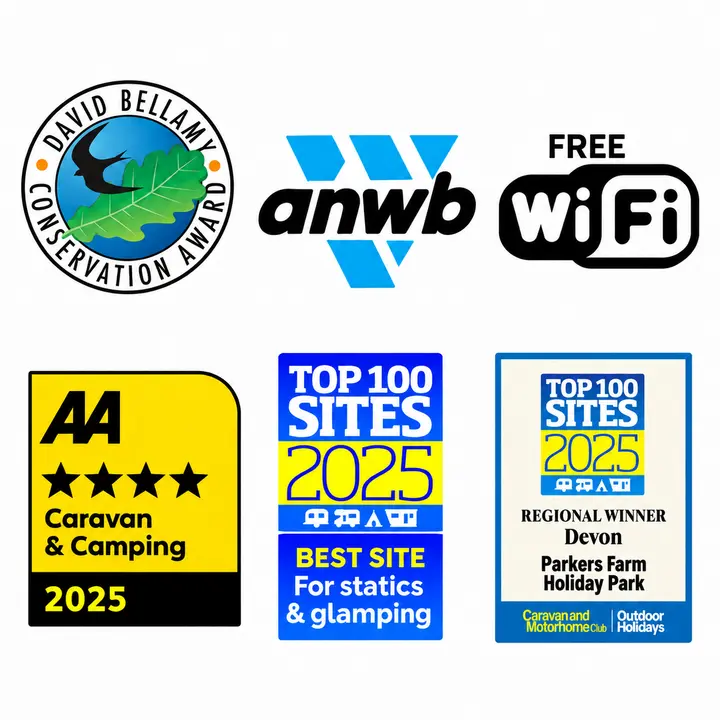 Parkers Farm Holiday Park: David Bellamy Conservation Award, ANWB, free Wi-Fi, AA four-star Caravan and Camping 2025, and Top 100 Sites 2025 awards.